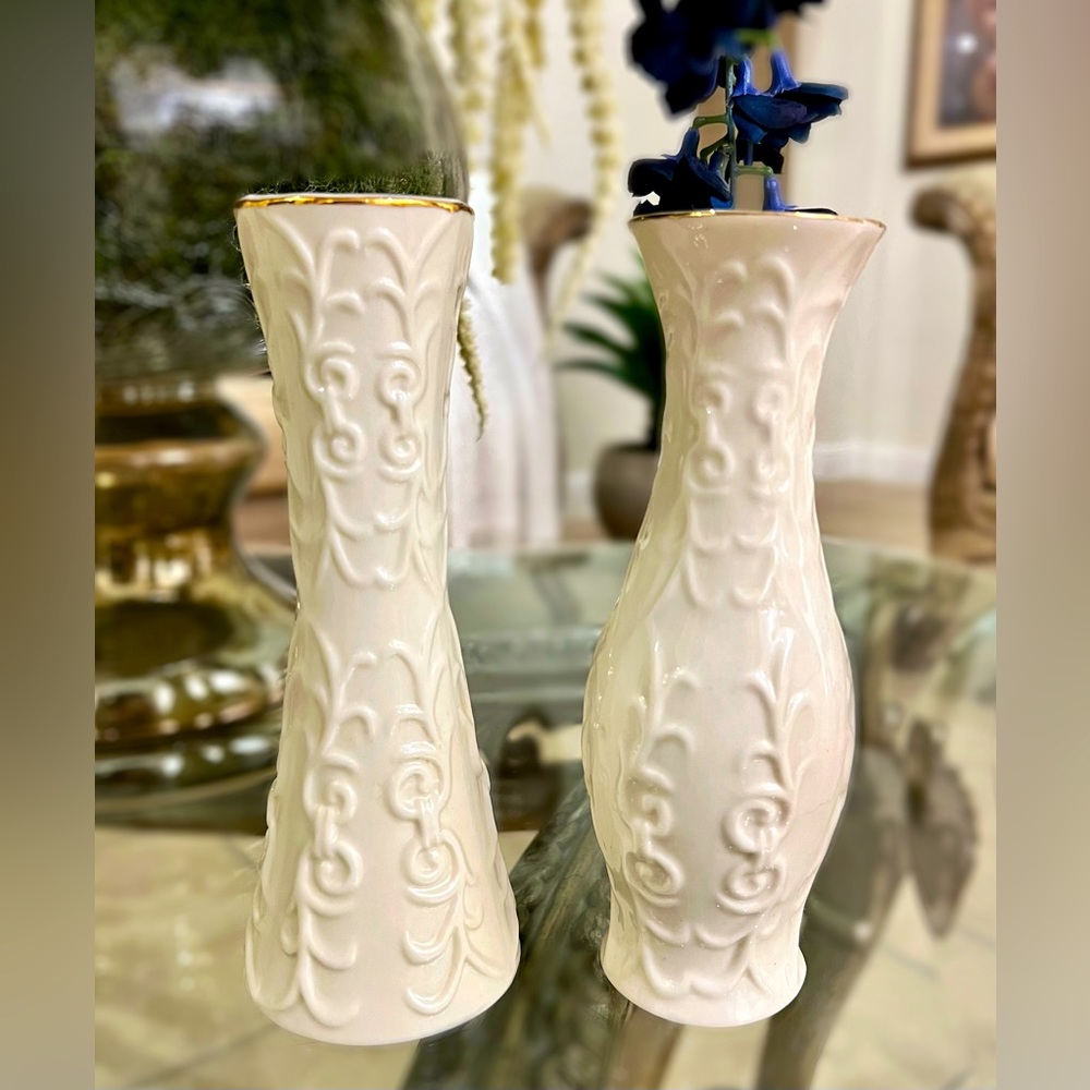 Vintage Bone Porcelain Embossed Floral Vases With Gold Trim (Pair)